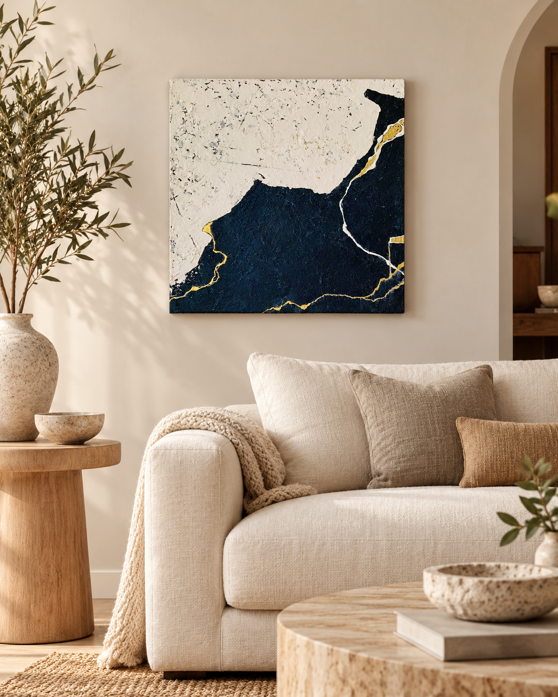 Midnight & Gold | Textured Abstract Painting in Black, Ivory and Gold