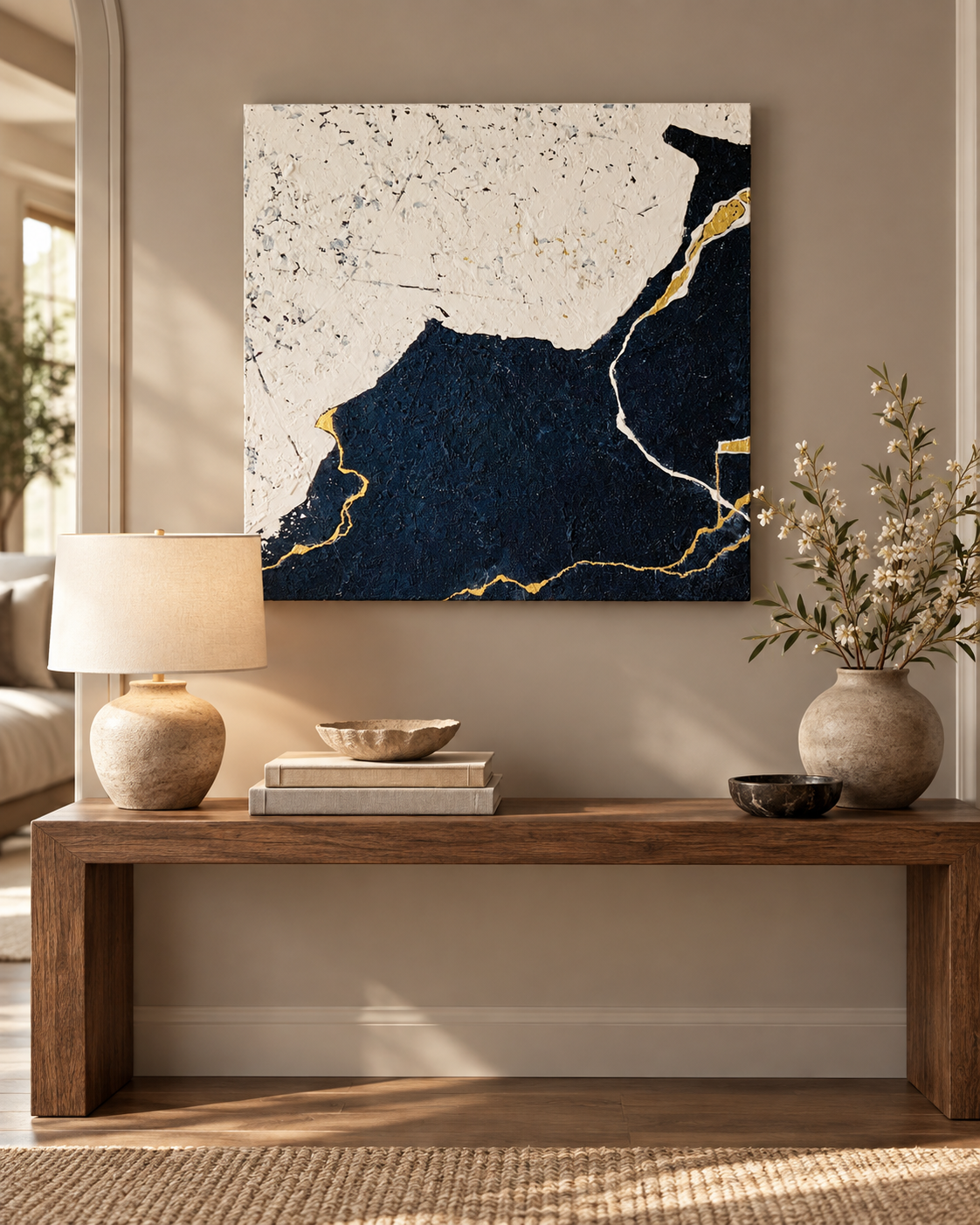 Midnight & Gold | Textured Abstract Painting in Black, Ivory and Gold