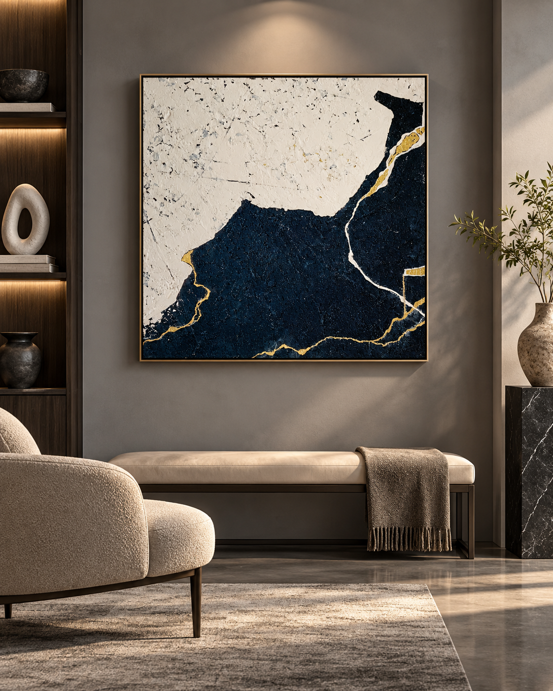 Midnight & Gold | Textured Abstract Painting in Black, Ivory and Gold